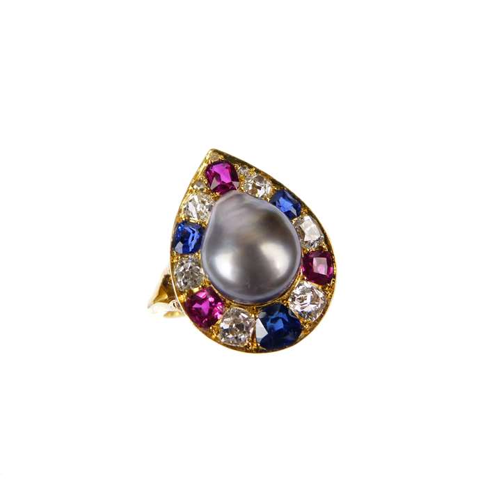 Antique grey pearl, ruby, sapphire and diamond cluster ring